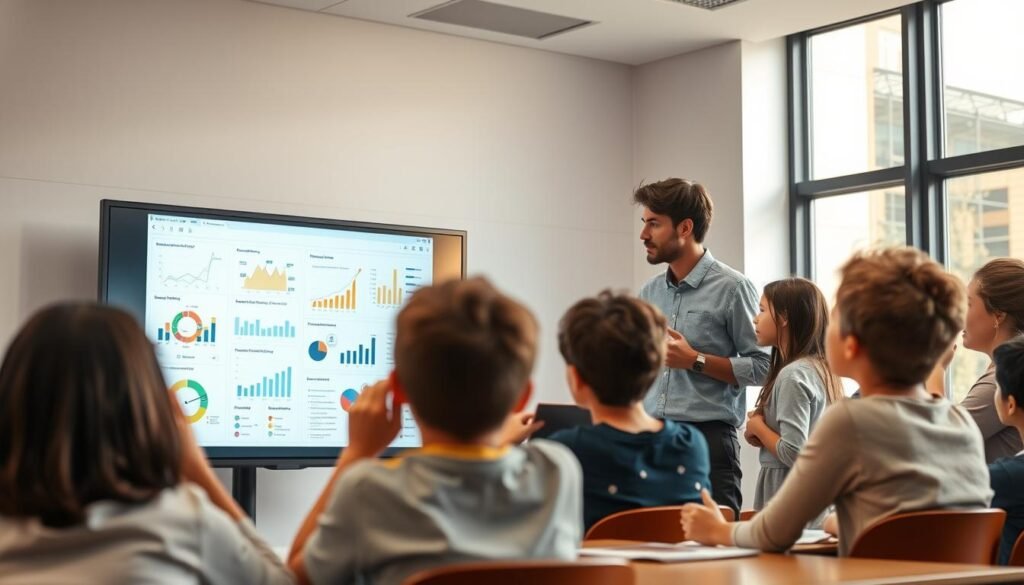 A classroom setting with a group of students and teachers gathered around a large interactive display, exploring and analyzing educational data visualizations. The foreground shows engaged facial expressions and gestures, conveying a sense of active learning and discovery. The middle ground features a sleek, modern display presenting charts, graphs, and infographics, illuminated by soft, directional lighting. The background depicts a clean, minimalist classroom with large windows, allowing natural light to filter in and creating an atmosphere of openness and collaboration. The overall scene communicates the integration of AI-powered data analysis tools in enhancing the educational experience for both students and teachers.