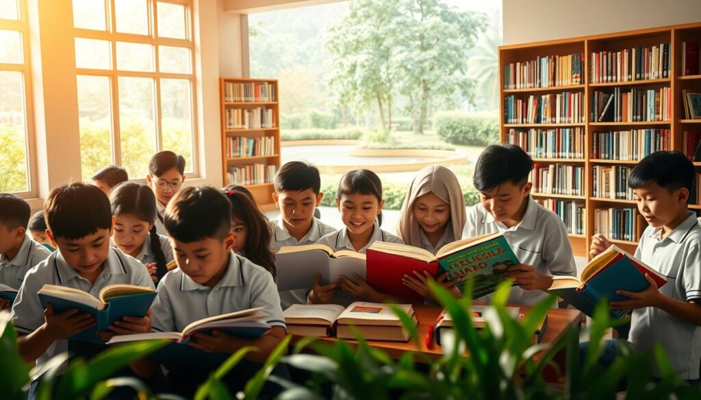 A vibrant and inspiring scene of "Program Literasi Sukses" unfolds before us. In the foreground, a group of enthusiastic students engrossed in reading and writing, their faces alight with the joy of learning. The middle ground features a well-stocked library, with shelves brimming with books of various genres, illuminated by warm, natural lighting filtering through large windows. In the background, a serene outdoor setting with lush greenery and a tranquil pond, symbolizing the calming and nurturing environment that fosters academic success. The overall atmosphere exudes a sense of intellectual stimulation, camaraderie, and a deep appreciation for the transformative power of literacy.