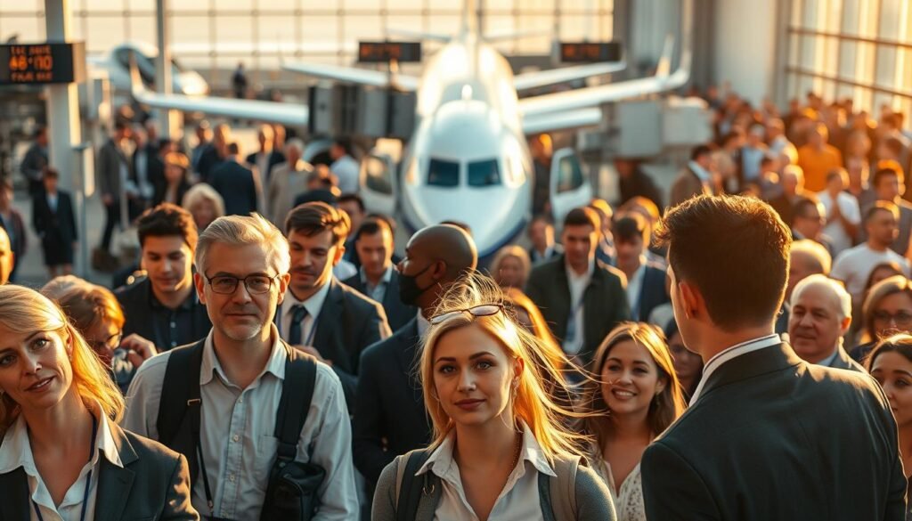 A bustling airport scene during the golden hour, capturing vibrant energy and curiosity. In the foreground, airport staff in professional business attire are engaging with passengers, showing concern and attentiveness. The middle ground shows an airplane being carefully inspected by maintenance personnel, highlighting the safety aspect of air travel. In the background, a crowd of onlookers and travelers with varying expressions—surprise, excitement, apprehension—gather to observe the unfolding situation, emphasizing the viral nature of such incidents. The lighting is warm and inviting, with sun rays casting dynamic shadows. A slightly elevated angle creates a sense of depth and engagement, drawing the viewer into the narrative of the scene, while maintaining an air of professionalism and calm amidst the buzz.