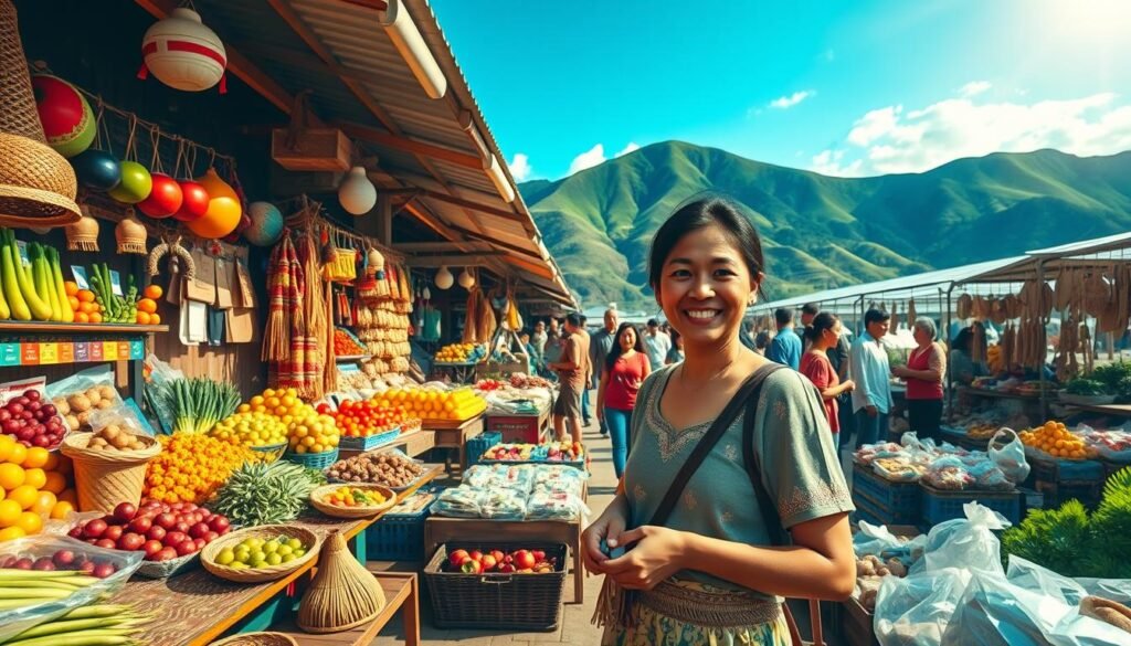 A bustling small business scene in Indonesia showcasing vibrant market stalls filled with colorful fruits, vegetables, and traditional crafts. In the foreground, a friendly female vendor in a modest casual outfit engages with customers, showcasing her handmade products. In the middle ground, various vendors display their goods, creating a lively atmosphere, with shoppers interacting and enjoying the vibrant marketplace. The background features lush green hills, symbolizing Indonesia’s rich landscape, under a clear blue sky. Warm sunlight streams in, casting soft shadows and enhancing the cheerful mood. The perspective is slightly elevated, capturing the dynamic energy of the market while maintaining focus on the entrepreneurial spirit.