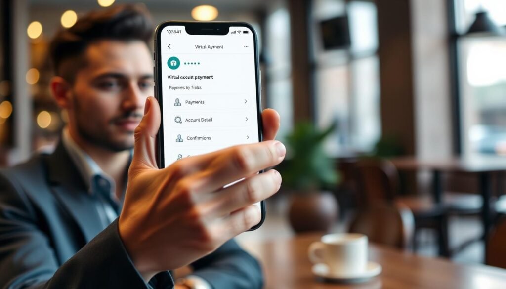 A clean, modern banking app interface displayed on a smartphone, showcasing the &amp;amp;quot;virtual account payment&amp;amp;quot; section. In the foreground, a professional-looking person in smart casual attire interacts with the app, focusing on the payment options. In the middle, the smartphone screen is prominent, highlighting the user-friendly design with distinct buttons for payments, account details, and confirmation steps. The background features a blurred, cozy café environment with soft lighting that creates an inviting atmosphere, suggesting ease and comfort in managing tasks. The overall mood is focused and efficient, emphasizing the theme of easy digital transactions in today’s banking experience, captured from a slightly elevated angle for a clear perspective.