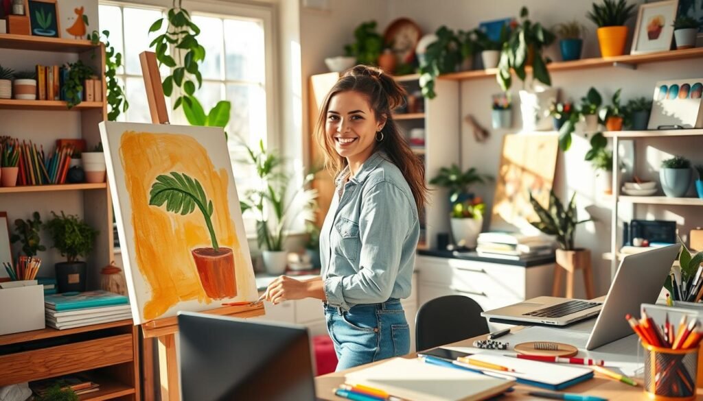 A cozy home workspace filled with creative energy. In the foreground, a woman in casual but professional attire is painting on a canvas, surrounded by vibrant art supplies and finished pieces displayed on shelves. The middle shows a well-organized desk with a laptop, sketchbooks, and colorful stationery, hinting at various hobbies like crafting and writing. The background features a warm, inviting room with plants and natural light streaming through a window, creating a refreshing atmosphere. The scene is bright and motivational, highlighting the joy of pursuing passions. Soft shadows and a slight depth of field emphasize the main subject while creating a tranquil yet inspiring mood.