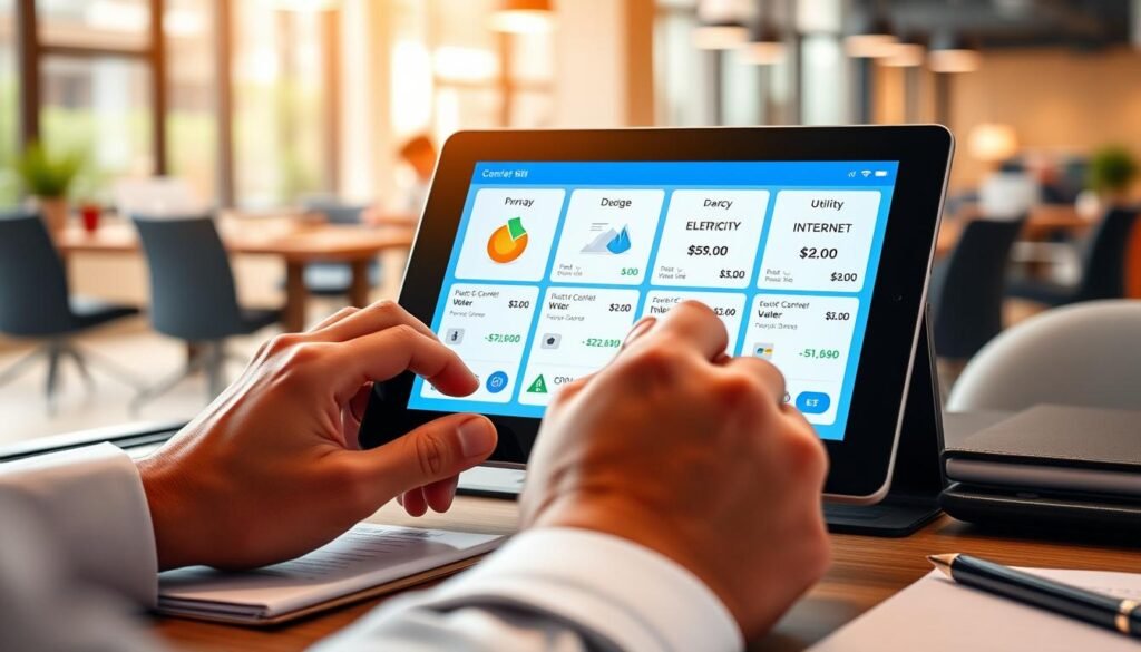 A modern digital workspace scene featuring various utility bills such as electricity, water, and internet displayed on a sleek tablet screen, symbolizing virtual account transactions. In the foreground, include a pair of professional business hands using the tablet, with a minimalistic desk setup that includes a notepad and a pen. In the middle ground, the tablet showcases an intuitive banking app interface displaying these bills with clear icons and vibrant colors. The background should depict a softly blurred office environment, hinting at a busy yet organized atmosphere. Use natural lighting to highlight the tablet’s screen and create a welcoming, productive mood, captured from a slightly elevated angle that draws the viewer's focus to the transaction process.