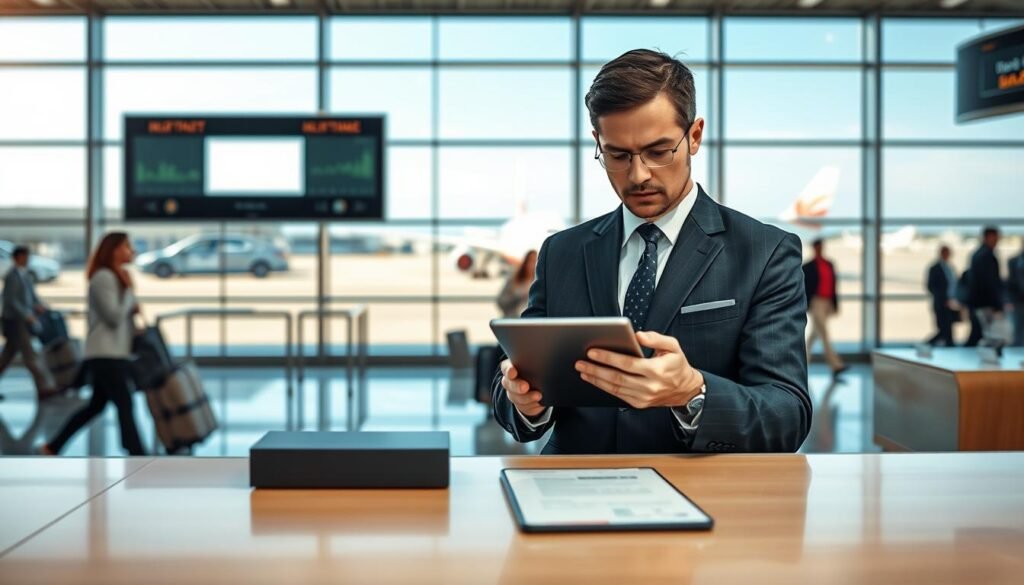 A professional setting at an airport information desk, showcasing a well-dressed airport official verifying incoming information. In the foreground, the official, in formal attire, examines a digital tablet with a focused expression. The middle layer features a contemporary airport environment with travelers and baggage in motion, emphasizing urgency and attention to detail. The background reveals large, glass windows displaying an airplane on the tarmac under clear blue skies, symbolizing transparency and reliability in reporting. Soft natural lighting cascades through the windows, creating a welcoming atmosphere. The composition is framed from a medium angle, capturing both the human element and the bustling airport scene, conveying a sense of diligence and authority in managing misinformation.