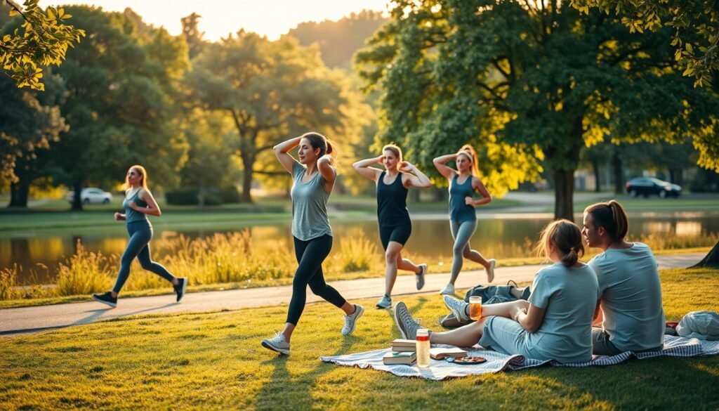 A serene park setting during golden hour, showcasing a balanced blend of physical activity and relaxation. In the foreground, a diverse group of individuals in modest, casual athletic wear engages in various exercises: one person practices yoga, another jogs on a scenic trail, and a couple does stretching exercises together. In the middle ground, a tranquil picnic area is visible, with a few people resting on blankets, enjoying healthy snacks and drinks, with books and journals around. The background features lush green trees and a calming lake reflecting the warm sunlight. The atmosphere is peaceful, emphasizing well-being and harmony between activity and rest. Ensure soft, natural lighting highlights the scene, creating an inviting and motivational mood, captured with a wide-angle lens to encompass the environment.