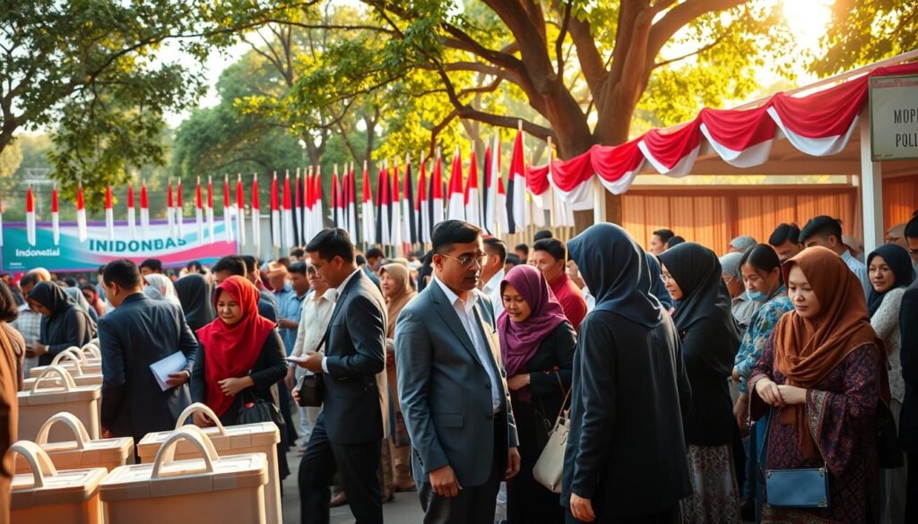 A vibrant and dynamic scene depicting a bustling polling station in Indonesia during a democratic election. In the foreground, a diverse group of citizens, including men and women of different ages, are lining up to cast their votes, all dressed in professional business attire and modest casual clothing. In the middle ground, election officials are seen assisting voters, with ballot boxes prominently displayed. The background features a colorful display of Indonesian flags and election banners, creating a festive yet serious atmosphere. Soft, warm lighting enhances the hopeful mood of the scene, as the sunlight filters through trees nearby, casting dappled shadows. The angle captures the vibrancy of civic engagement, illustrating the essence of democracy in action.