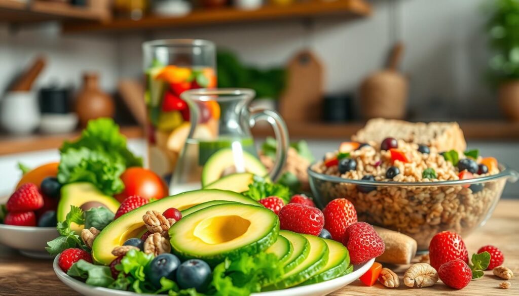 A vibrant arrangement of fundamental nutrients vital for a healthy body, featuring a colorful variety of fresh fruits and vegetables, whole grains, and lean proteins. In the foreground, an artistically styled plate showcases sliced avocados, berries, and nuts, with a backdrop of leafy greens. In the middle ground, a glass pitcher filled with infused water sits among whole grain bread and a bowl of quinoa mixed with vegetables. The background features a soft-focus kitchen setting bathed in warm natural light, suggesting a nurturing and inviting atmosphere. The overall mood is vibrant and energetic, emphasizing health and wellness, captured with a slightly elevated angle to enhance the visual appeal.