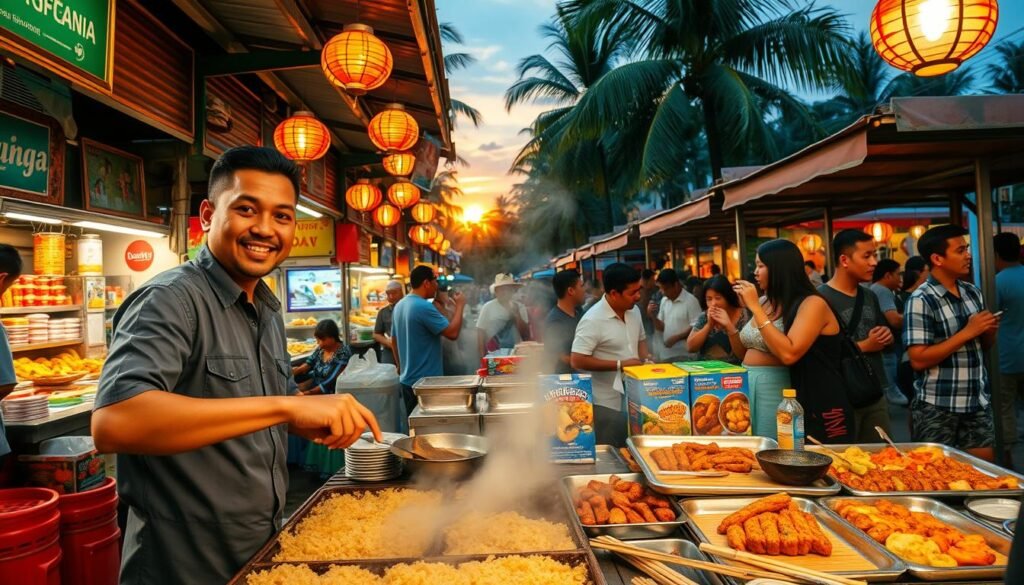 A vibrant culinary scene in Indonesia, showcasing a bustling street food market filled with colorful food stalls. In the foreground, a friendly vendor, dressed in casual yet professional attire, skillfully prepares traditional dishes such as nasi goreng and satay over a grill, steam rising into the air. The middle ground features a diverse group of enthusiastic customers sampling various local delicacies and enjoying their meals at a communal seating area under festive lanterns. In the background, palm trees sway gently, and the sun sets, casting a warm golden glow over the scene. The atmosphere is lively and inviting, encapsulating the rich culture and booming food business opportunities in Indonesia today. Capture this moment with a wide-angle lens to enhance the depth and details of the vivid colors and textures.
