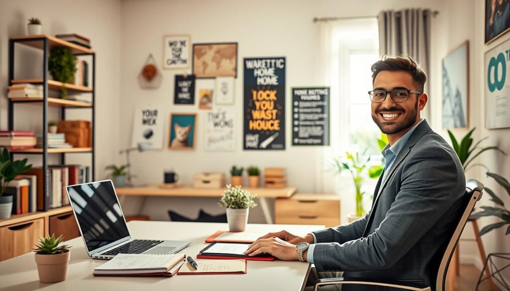 A vibrant home office scene showcasing the essence of "home business development." In the foreground, a smiling entrepreneur, dressed in smart casual attire, is seated at a modern desk filled with a laptop, notebooks, and a small plant. The middle section features shelves organized with business-related books and marketing materials, reflecting an atmosphere of productivity and creativity. In the background, a bright window allows natural light to flood the room, illuminating a cozy yet professional environment with inspiring decor like motivational posters and a vision board. The overall mood is one of optimism and ambition, emphasizing the journey of managing and growing a home-based business. The image is well-composed, using soft, inviting lighting for a warm ambiance.